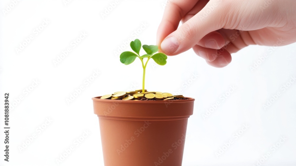 Close-up of a hand gently tending to a small plant sprouting from a pot filled with coins, symbolizing investment, growth, and financial prosperity. Close-up of a hand gently tending to a small plant sprouting from a pot filled with coins, symbolizing investment, growth, and financial prosperity.