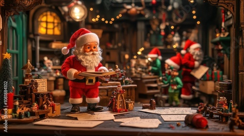 A miniature Santa Claus workshop with a Santa reading a list, surrounded by elves and toys.