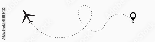  plane flight route. Airplane travel concept, symbol on isolated background.