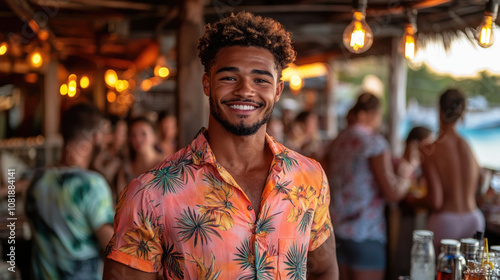 A cheerful young man wearing a vibrant floral shirt is posing at a beach bar, with friends enjoying drinks and laughter during sunset