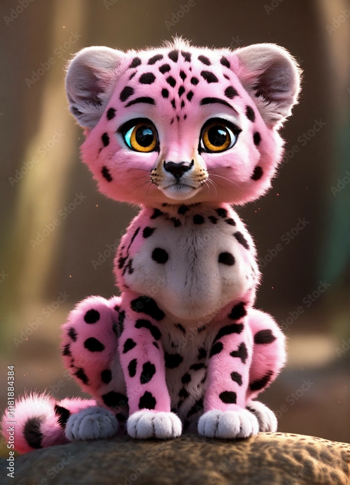 A cute Pink and charcoal baby cheetah with big eyes, animated, cartoon, unreal, 8K. A cute Pink and charcoal baby cheetah with big eyes, animated, cartoon, unreal, 8K.