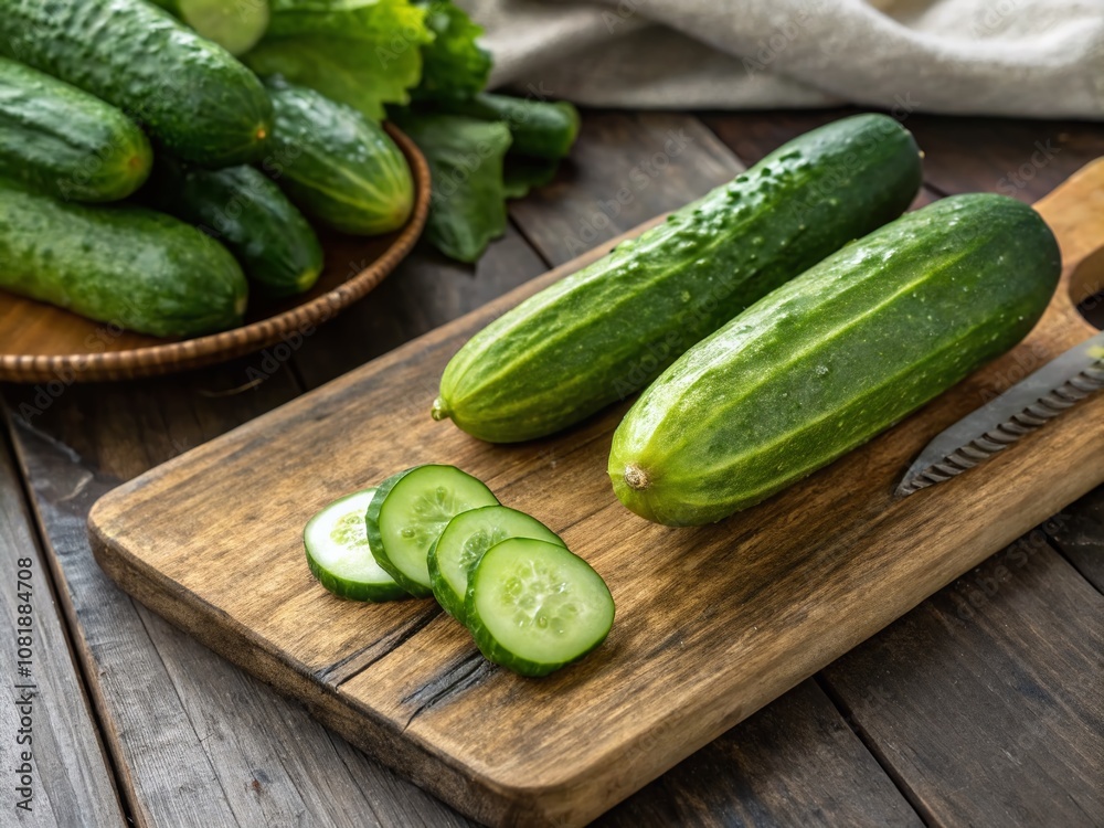 Fresh Green Cucumbers on a Wooden Cutting Board with Copy Space for Healthy Recipes and Nutrition Ideas, Showcasing the Crisp Texture and Vibrant Color of the Vegetable Fresh Green Cucumbers on a Wooden Cutting Board with Copy Space for Healthy Recipes and Nutrition Ideas, Showcasing the Crisp Texture and Vibrant Color of the Vegetable