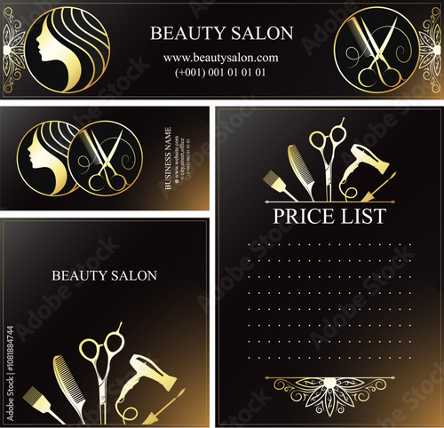 Beauty salon, set of cards and advertising printing gold black