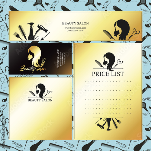 Beauty salon and hair salon, set of gold cards and advertising printing