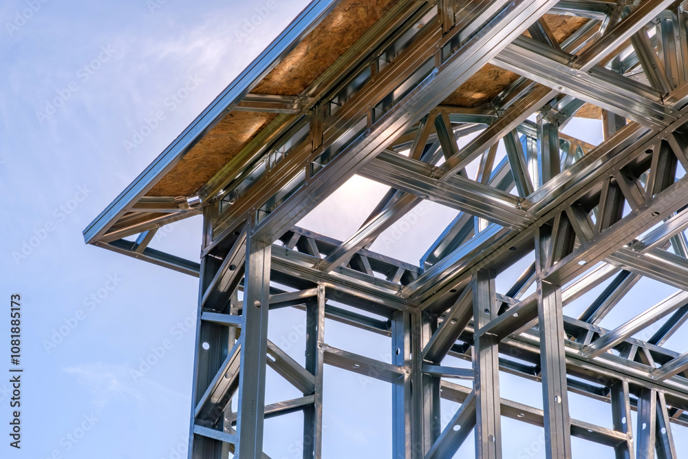 Metal construction detail on a residential structure. Construction site no body for background. Showcasing industrial construction elements. Metal construction detail on a residential structure. Construction site no body for background. Showcasing industrial construction elements.