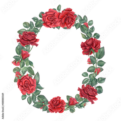 Oval wreath with rose branches in modern style. Blooming dark red flowers, buds, leaves watercolor illustration with copy space for text. Floral template for wedding invitation, birthday greeting card