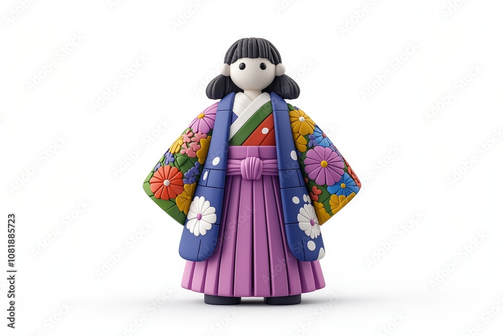 Fototapeta premium Traditional Japanese doll in colorful kimono on white background. Japanese culture and tradition concept