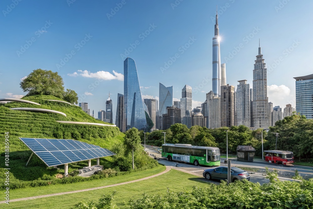 Obraz premium Futuristic Cityscape Made from Repurposed Plastic Waste in a Double Exposure Photography Style, Showcasing Environmental Innovation and Urban Sustainability