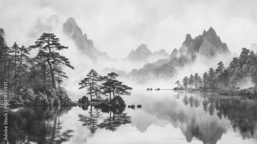 Fototapeta premium A serene, misty mountain lake with a small island and tall trees reflected in the water.