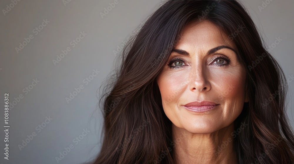 Portrait of a Confident Middle-Aged Woman with Long Dark Hair and Natural Makeup Against a Soft Neutral Background, Emphasizing Grace and Poise in Every Detail Portrait of a Confident Middle-Aged Woman with Long Dark Hair and Natural Makeup Against a Soft Neutral Background, Emphasizing Grace and Poise in Every Detail