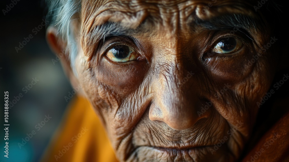 Close-up portrait of an elderly person with wrinkles and deep-set eyes Close-up portrait of an elderly person with wrinkles and deep-set eyes