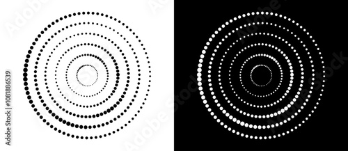 Modern abstract background. Halftone dots in circle form. Round logo. Vector dotted frame. Design element or icon. Black shape on a white background and the same white shape on the black side.