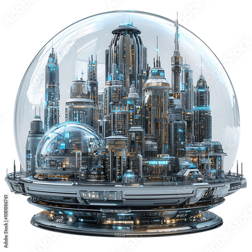 Futuristic city encapsulated in a transparent dome, showcasing advanced architecture and modern urban design. isolate on white background