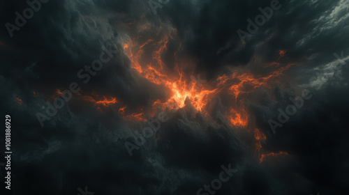 dramatic apocalyptic sky filled with dark clouds and fiery orange light breaking through, creating striking contrast and intense atmosphere