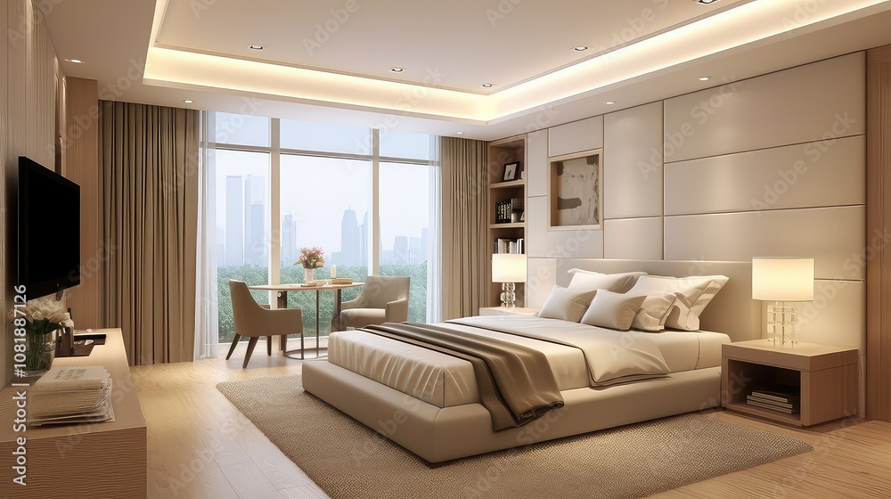 Fototapeta premium Minimalist interior design of modern bedroom with beige stucco wall
