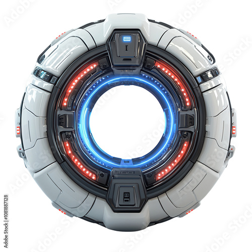 Futuristic circular device with glowing lights, representing advanced technology and innovation. Perfect for sci-fi and digital themes. isolate on white background