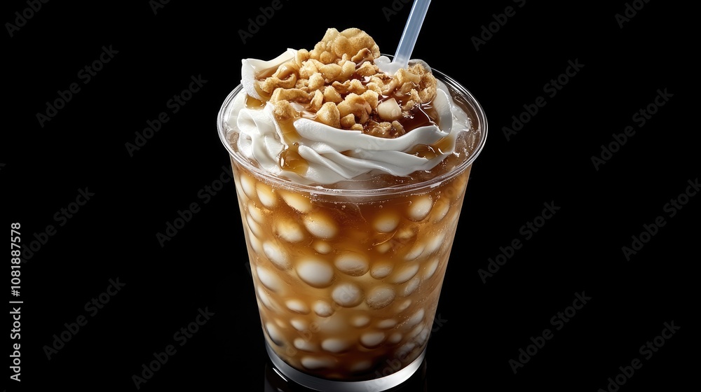 Creamy dessert with caramel sauce and crunchy nuts topped with whipped cream in a transparent cup against a dark background, inviting and delicious Creamy dessert with caramel sauce and crunchy nuts topped with whipped cream in a transparent cup against a dark background, inviting and delicious