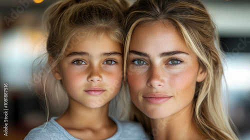 A young girl and her mother pose closely together, both smiling naturally, showcasing their strong familial connection and shared happiness