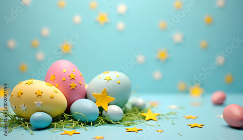 Cheerful Easter eggs decorated with stars surrounded by grass and colorful stars on a bright blue background