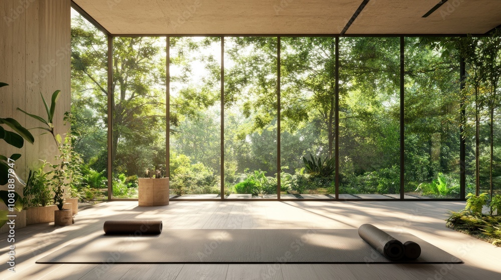 A minimalist yoga studio with large windows overlooking a lush green forest.