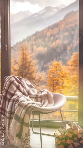 Cozy Chair With Blanket Overlooking Autumn Mountain Scenery. Background. Seamless looping motion design. Video animation. A comfortable chair draped with a plaid blanket, beside a window, offering a