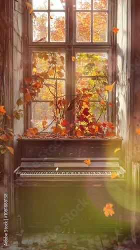 Vintage Piano Surrounded by Autumn Leaves in Rustic Room. Background. Seamless looping motion design. Video animation. A vintage piano is framed by a window with colorful autumn leaves. The rustic