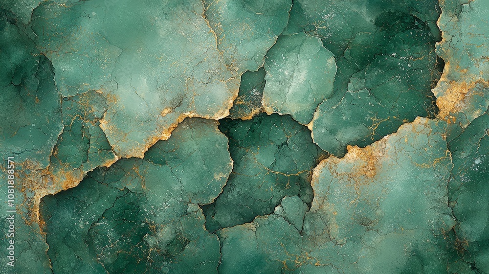Abstract green and gold marbled texture with cracks, ideal for backgrounds or design. Abstract green and gold marbled texture with cracks, ideal for backgrounds or design.