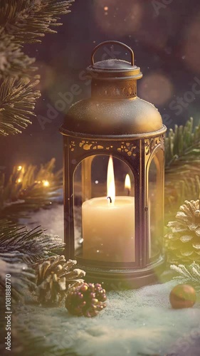 Cozy Christmas Lantern Surrounded by Snow and Pine Cones. Background. Seamless looping motion design. Video animation. Warm glow of a candle in a decorative lantern, enveloped by snow-dusted pine