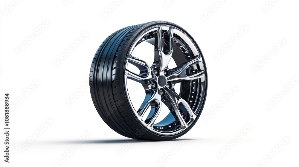A single chrome car wheel with black tire, isolated on a white background. A single chrome car wheel with black tire, isolated on a white background.