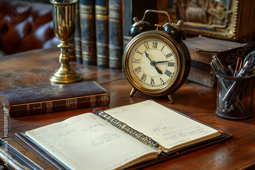 close up of clock, note book pen and pencil on the table, budget planning, business planning, time management and travel planning