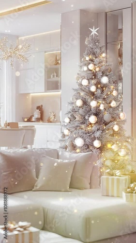 Elegant Christmas Living Room With Decorated Tree and Gifts. Background. Seamless looping motion design. Video animation. A beautifully decorated Christmas tree in a modern living room, surrounded by