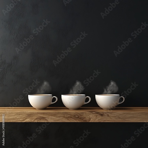 Three Steaming White Coffee Cups on Wooden Shelf Against Dark Wall Background Creating a Cozy and Inviting Atmosphere for a Coffee Shop or Kitchen Setting