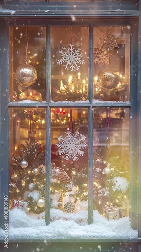 Cozy Christmas Window Display With Snowy Decorations. Background. Seamless looping motion design. Video animation. Warm and inviting Christmas window display featuring snow-dusted fir trees, golden