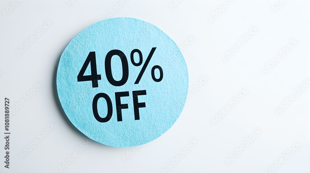 Black '40% OFF' Text on a Light Blue Round Paper Note. White Background with Copy Space Black '40% OFF' Text on a Light Blue Round Paper Note. White Background with Copy Space