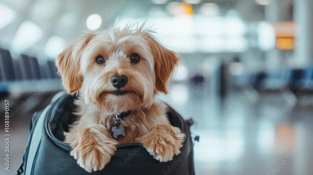 A small, light brown dog with fluffy fur, wearing a collar with a tag, sits in a black travel bag in an airport terminal. A small, light brown dog with fluffy fur, wearing a collar with a tag, sits in a black travel bag in an airport terminal.