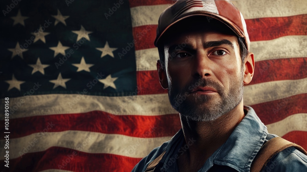 A determined Caucasian man in work attire stands in front of a textured American flag, embodying resilience and patriotism. A determined Caucasian man in work attire stands in front of a textured American flag, embodying resilience and patriotism.