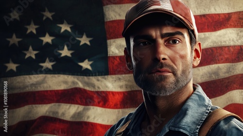 A determined Caucasian man in work attire stands in front of a textured American flag, embodying resilience and patriotism. photo