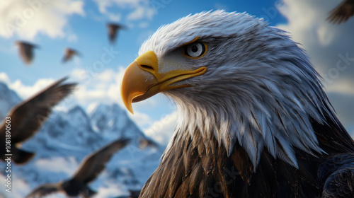 Majestic bald eagle soaring in sky, showcasing its powerful beak and sharp gaze amidst backdrop of mountains and other birds. scene captures essence of freedom and strength