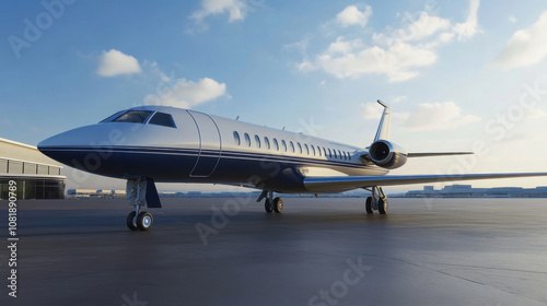 sleek private jet parked on tarmac under clear blue sky, showcasing its modern design and elegant colors. scene evokes sense of luxury and travel