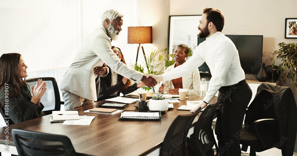 Obraz premium Business people, happy and handshake in office for agreement, new partnership and collaboration. Employees, thank you and excited in workplace with hand gesture, onboarding or recruitment negotiation