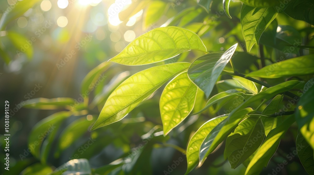 Fresh green leaves bathed in sunlight, a symbol of rejuvenation and growth Fresh green leaves bathed in sunlight, a symbol of rejuvenation and growth