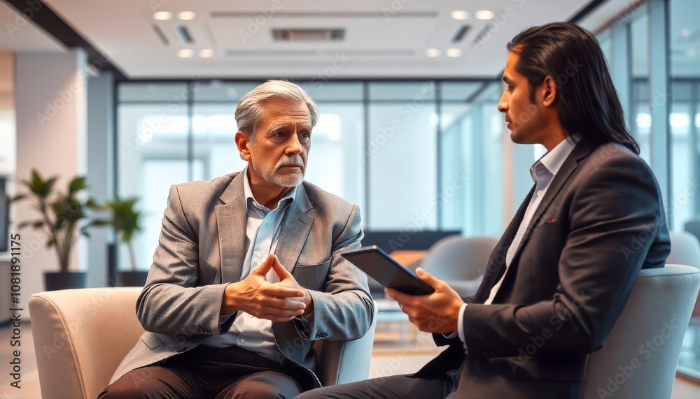 A senior discusses business strategies with a younger colleague in a modern office setting during afternoon hours A senior discusses business strategies with a younger colleague in a modern office setting during afternoon hours