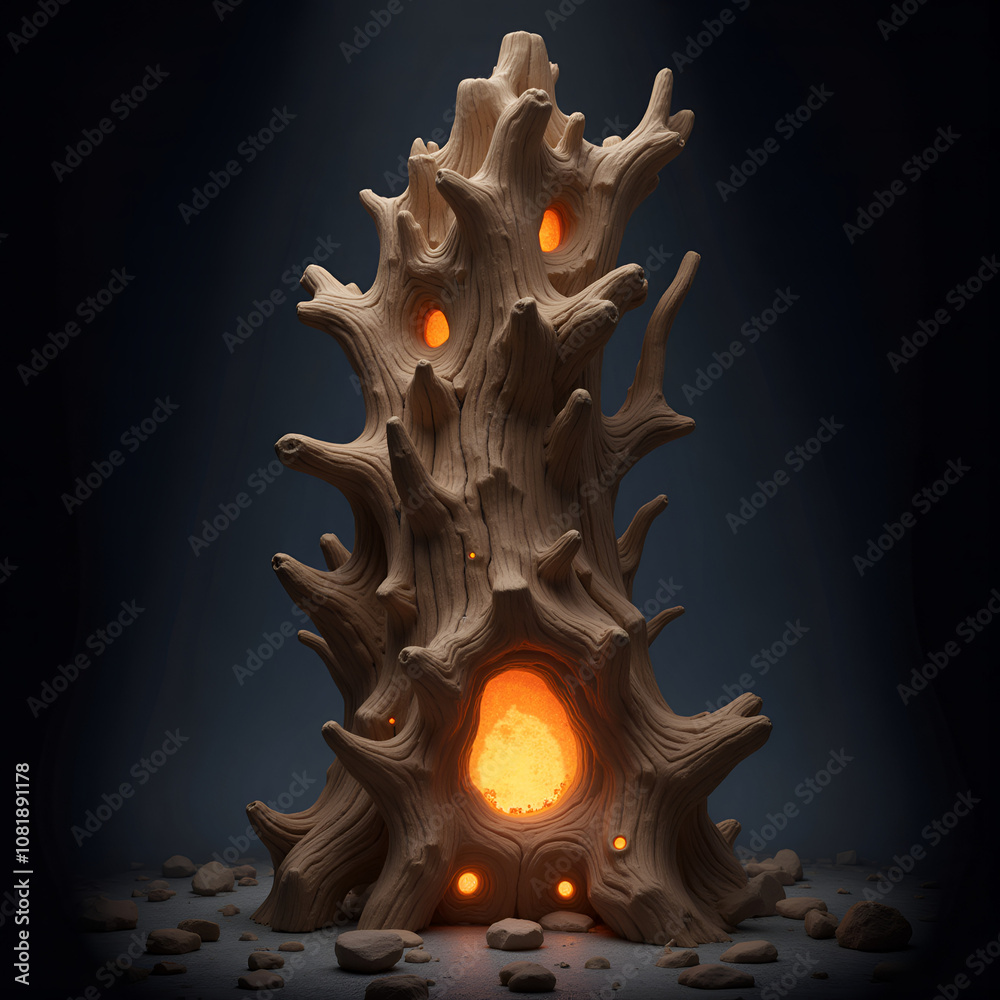 Surreal petrified wood sculpture glowing with inner light in a void, ethereal atmosphere, 3D illustration Surreal petrified wood sculpture glowing with inner light in a void, ethereal atmosphere, 3D illustration