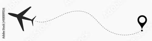  plane flight route. Airplane travel concept, symbol on isolated background.