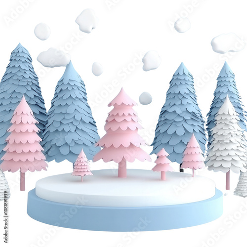 A whimsical illustration of stylized trees in pink and blue shades on a snowy base, surrounded by fluffy clouds. isolate on white background photo