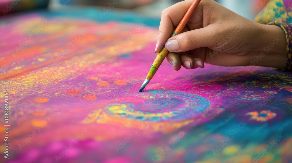 Vibrant Abstract Art Creation with Colorful Paints and a Delicate Brush in a Creative Workshop Setting Vibrant Abstract Art Creation with Colorful Paints and a Delicate Brush in a Creative Workshop Setting