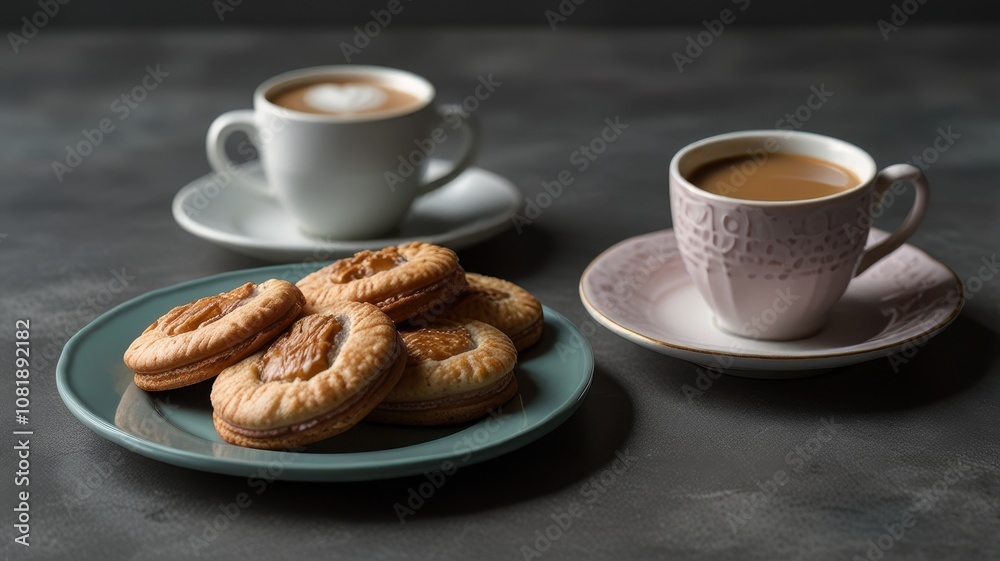 Plate of cookies sits on a table next to a cup of coffee