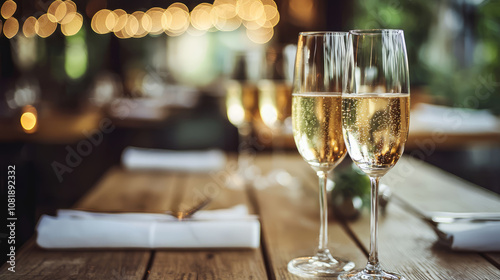 romantic New Year's atmosphere table setting with champagne glasses photo