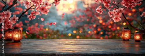 Dark oak table top, blurred glowing lanterns and pink petals, valentine day background. photo