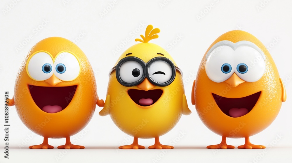 Three cartoon eggs and a chick in a happy group. Three cartoon eggs and a chick in a happy group.